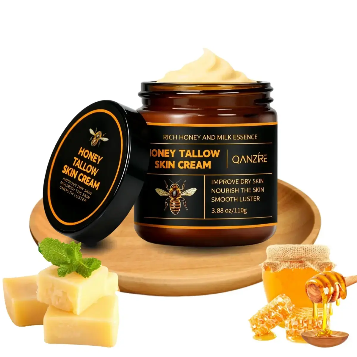 Whipped Tallow Balm with Raw Honey - Grass-Fed Tallow, Nourishing Moisture Single Item, Daily Hydrating Body Care Cream for Sensitive Skin Mild Moisturizer