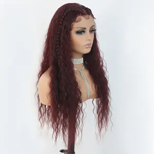 KINCY 13*4 99J Burgundy Lace Front Wig Deep Curly Synthetic Heat Resistant Fiber Wig With Pre Plucked Baby Hair Colorful Loose Curly Wig for Women 26 Inch