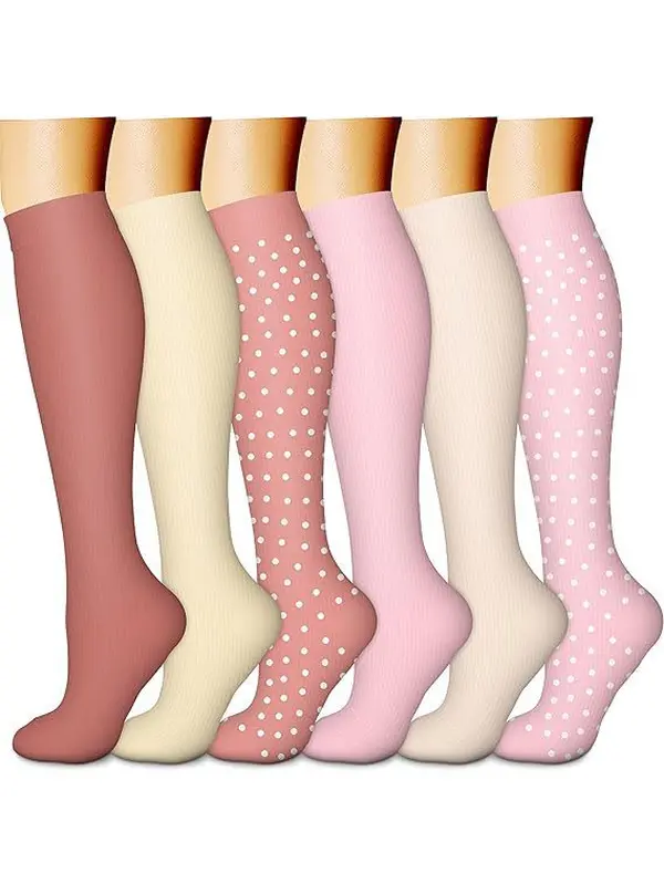 Women's Pastel Polka Dot Compression Socks - 6 Pack, Light, Moisture-Wicking, Breathable, Essential for Dress, Active Wear, Color Matching 1 Slimming Support Socks
