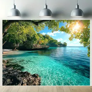 Tropical coast background fabric - Green ocean, palm trees and cliff scenery photography background, suitable for party decoration and photography - realistic tropical beach scene background banner