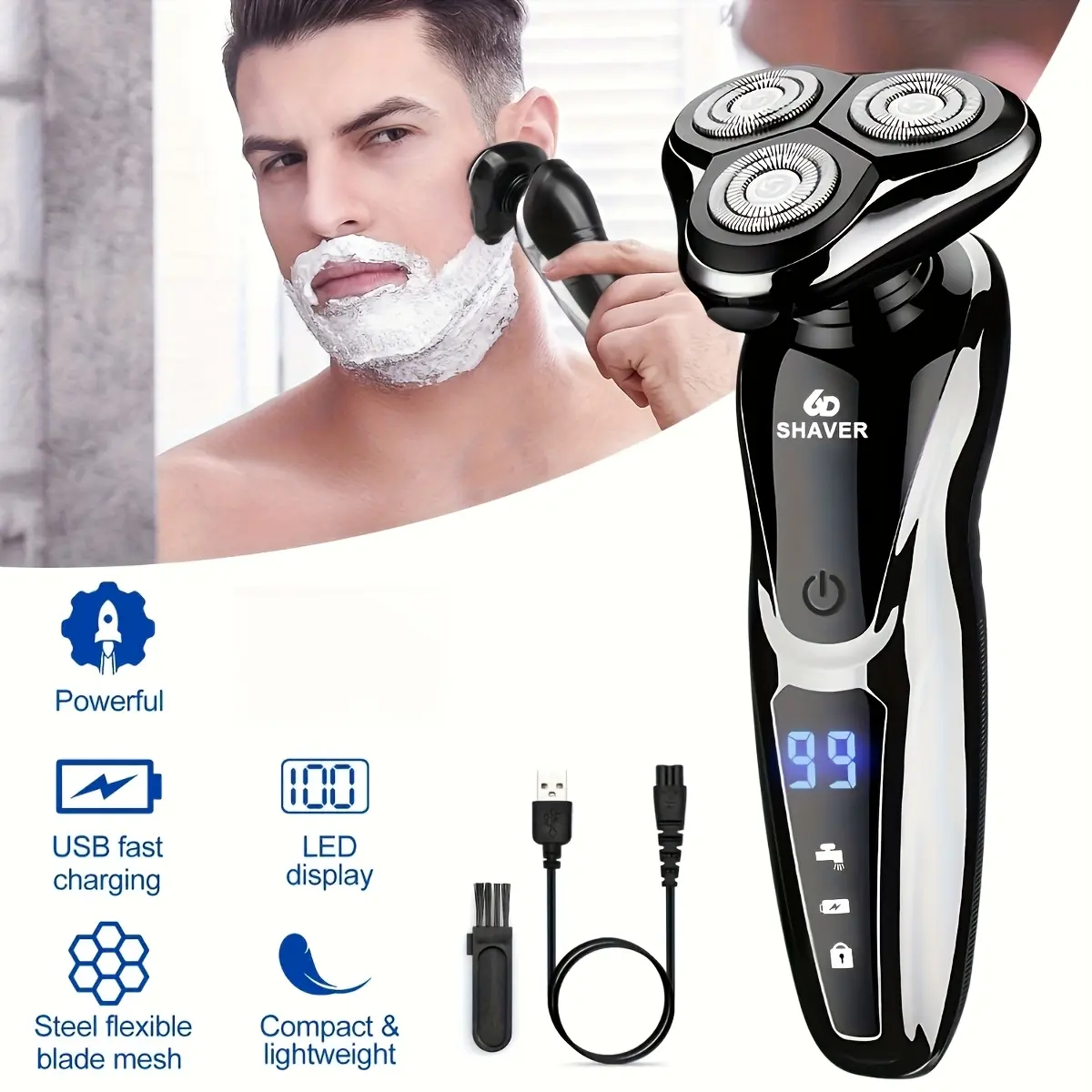 Cordless Men’s Electric Facial Shaver - 6D Floating Heads, Stainless Steel Self-Sharpening Blades, High-Speed Motor, USB Quick Charge, 60-Min Charge for 6-Hour Daily Smooth Use, LED Display
