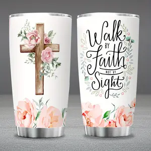 20oz Walk By Faith Tumbler - Christian Gift for Women - Floral Cross Stainless Steel Cup with Bible Verse for Mom, Grandma