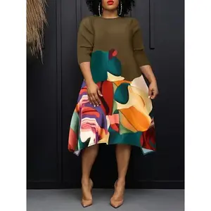 [Plus Size Colorblock Print Dress] Plus Size Colorblock Print Irregular Hem Dress, Casual 3/4 Sleeve Dress For Spring & Summer, Women's Plus Size Clothing