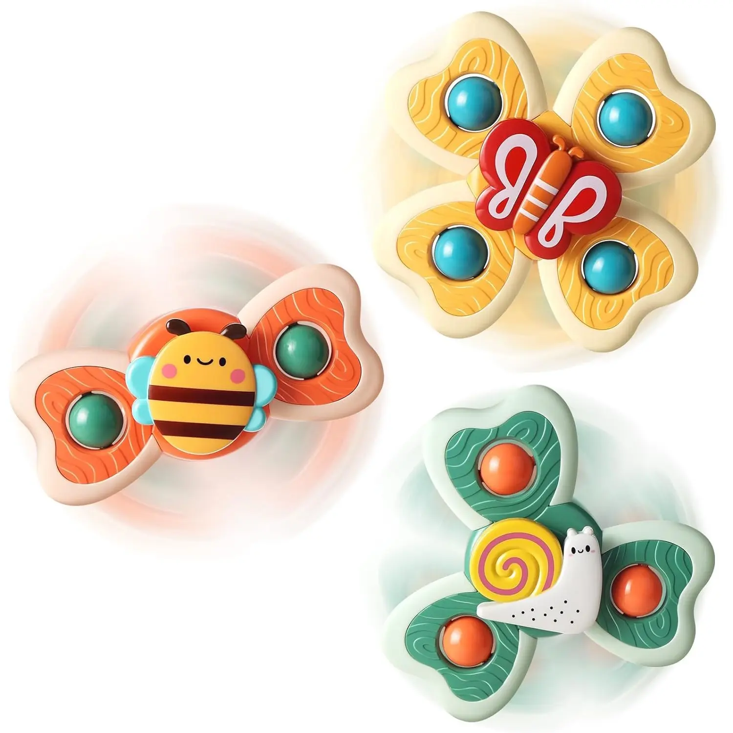 Suction Cup Spinner Toy Set, Cartoon Insect, Flower & Animals Design Sensory Spinning Toy, Early Learning Bathtub and High Chair Toy, Spinning Top, Round