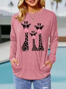 Women's Spring & Fall Giraffe Print Round Neck Long Sleeve Pullover, Loose-Fit Casual Top with Pockets, Comfortable Breathable Fabric