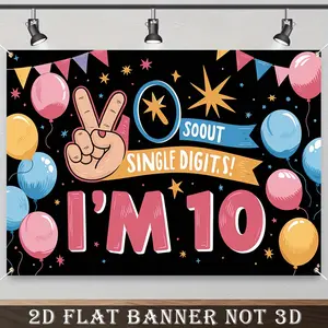 2D Flat Banner,1pc Black backdrop, colorful balloons, flags, stars, decorations, farewell to single digits 10th birthday theme, For Family Party Events, Christmas, Thanksgiving, Four Season, Entryway, Room Decor,Indoor Outdoor Celebrations