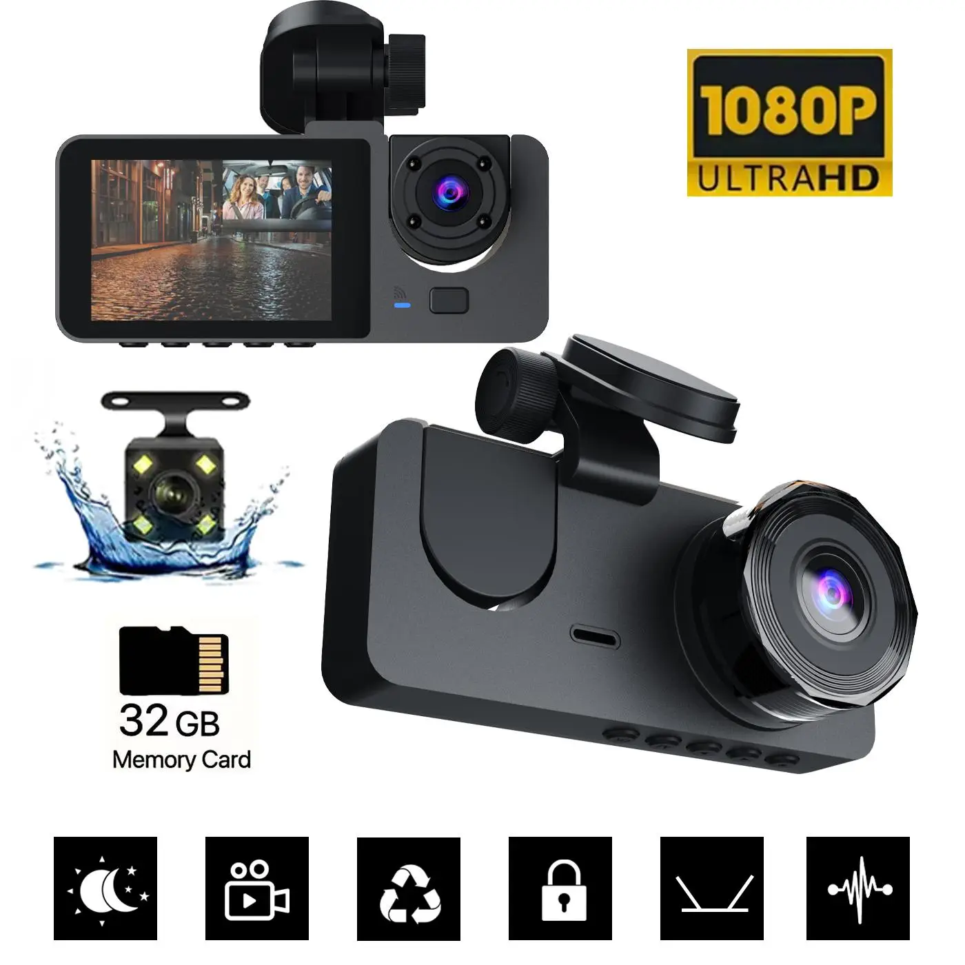 1080P 3 Cameras HD Car DVR, Night Vision Video Surveillance for Car, Vehicle, Auto, Automotive, Motorcycle, Car Dashcam, Front Car Camera, Wifi Car Da