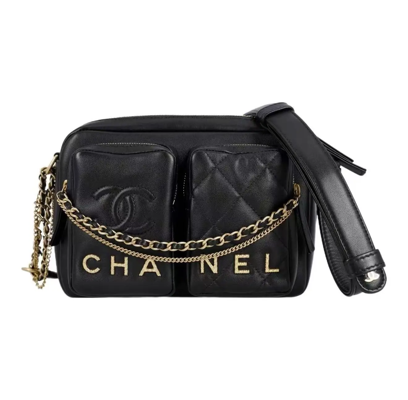 Pre-owned CHANEL 22C Black Gold Double Pocket Camera Dynamite Bag with Chip 2603092