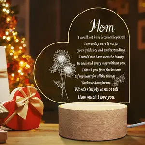 Acrylic Figurine USB Powered Wooden Base, Heart Style Memorial Plaque Gift for Mom, Desktop Decoration, Christmas Present
