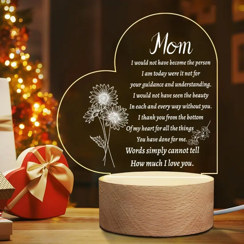 Acrylic Figurine USB Powered Wooden Base, Heart Style Memorial Decorative Plaque Gift for Mom, Desktop Decoration, Home Decoration