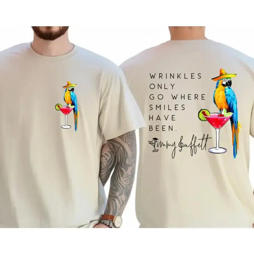 DKX Jimmy Buffett Memorial Graphic Tee - Cotton Custom-Printed Sporty Sports Top, Palm Tree Art, "Wrinkles Only Go Where Smiles Have Been" Slogan, Double-Sided Print, Full Sizes, Full Colors, Sporty Sports Tops