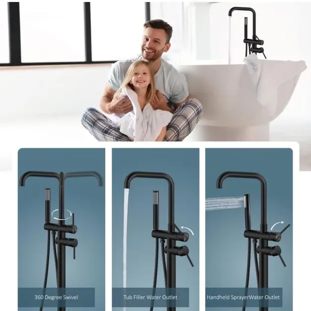 Aolemi Floor Mount Tub Faucet Freestanding Bathtub Filler Standing High Flow Shower Faucets Shower Mixer Taps Swivel Right Angle Spout with Cylinder Handheld Matte Black
