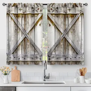 Farmhouse Country  Kitchen Curtains - Wooden Barn Door  Short Tier Curtains Over Sink  Rustic Farm Decor Rod Pocket Window Drapes 36 Inch Length 2 Panel Set, 28"x36"