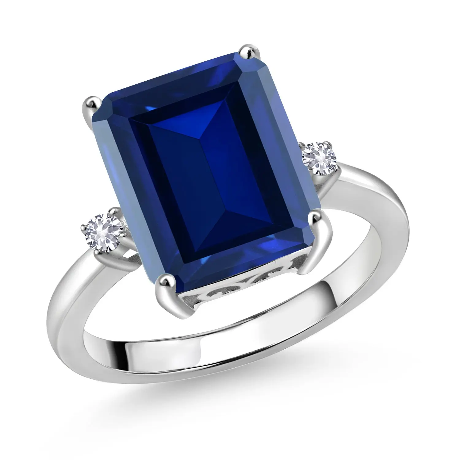 Gem Stone King 6.78 Cttw Blue Simulated Sapphire and White Created Sapphire 3-Stone Engagement Ring For Women | 925 Sterling Silver | 12X10MM Emerald Cut | Wedding Engagement Anniversary Ring