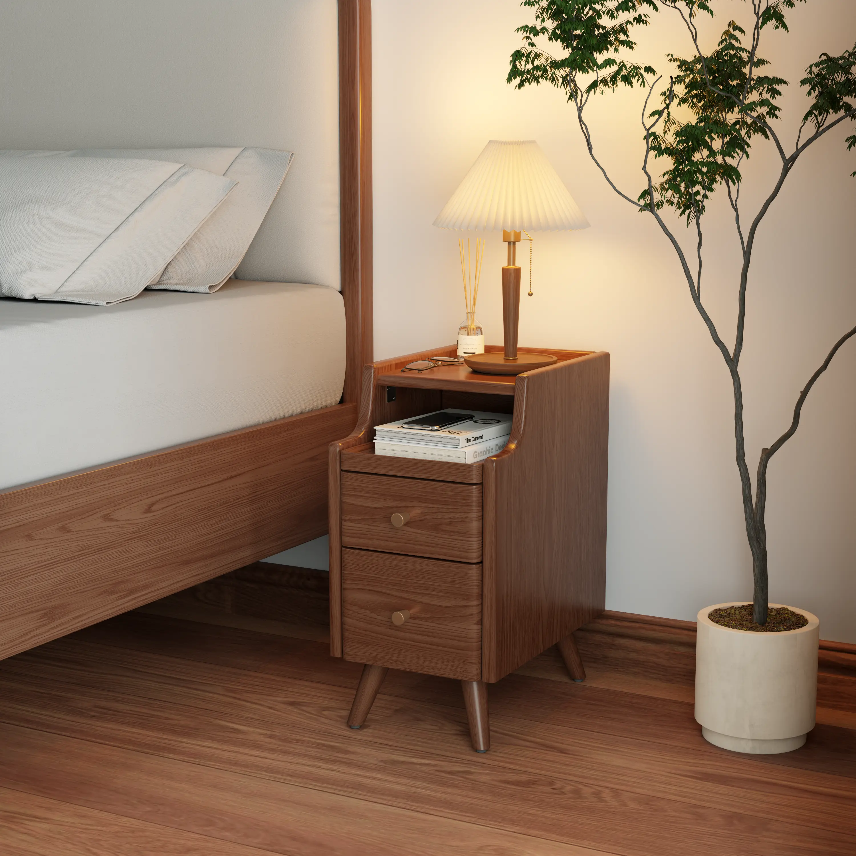 Solid Wood Nightstand with Drawers - Solid Walnut Compact Nightstand, 3-Sizes Adjustable Tiltable Top, Space-Saving Overbed Bedroom Furniture Cabinet, Assembly Required, Bedside Table
