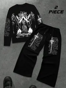Men's Dark Religion Graphic Print Fitted Two-Piece Set, Long Sleeve T-Shirt & Sweatpants, Winged Mystery Figure, Gothic Cross, Casual Streetwear