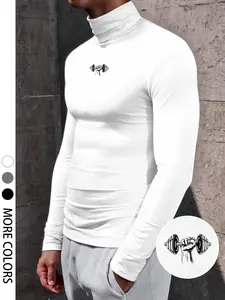 Men's Slim-Fit Turtleneck | Slim athletic top with dumbbell print, stretchy fabric, warm turtleneck, trendy sporty style, Gym Tops, suitable for workouts/fitness/casual wear #MensFashion #GymWear #Sportswear #FitnessOutfit #TrendyShirts2025