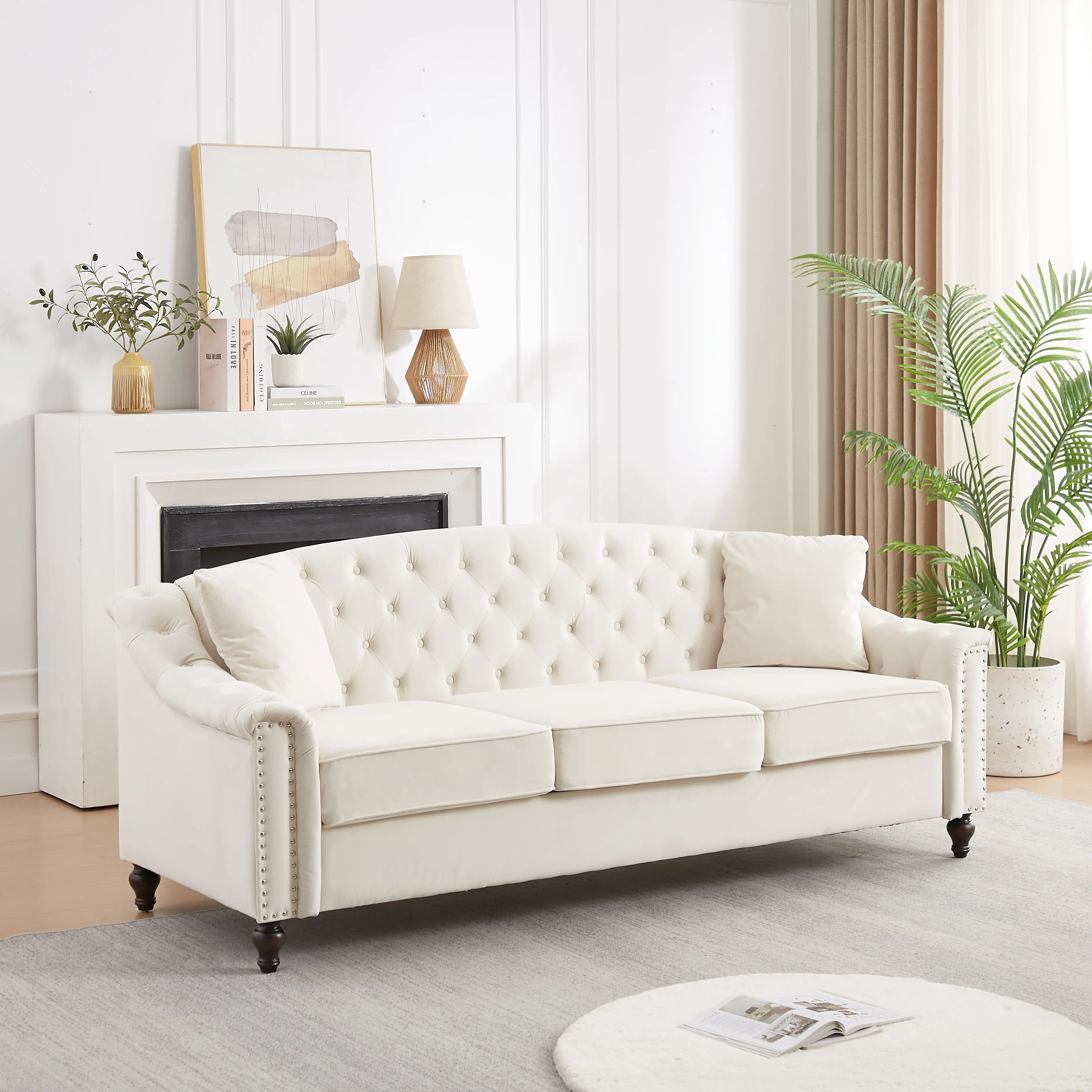 82" Velvet Chesterfield 3-Seater Sofa, Button Tufted Back & Armrests with Nailhead Trim, Modern Upholstered Couch, Solid Wood Frame for Living Room, Apartment, Bedroom, Beige
