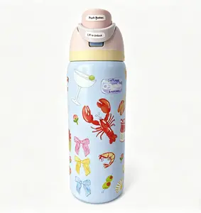 owala 32oz Coastal Lobster & Cocktail Print Insulated Water Bottle - Leak-Proof Flip Lid, BPA-Free,Coquette Lobster & Bow Water Bottle - Stylish, Spill-Proof, Great for School/Travel