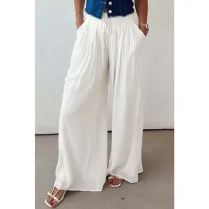 Solid Drop Waist Pleated Wide Leg Pants