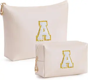 2 Pack Cute Personalized Initial Preppy Makeup Bag Christmas Gifts for Teen Girls Friends, Monogram Bridesmaid Cosmetic Bags Set for Purse, Pu Leather Waterproof Make Up Bag White A Letter