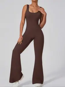 Women's Solid Ruched Flare Leg Sports Jumpsuit, Casual Comfy Scoop Neck Sleeveless Jumpsuit for Yoga Gym Workout, Ladies Sportswear for All Seasons, Athletic Style Activewear