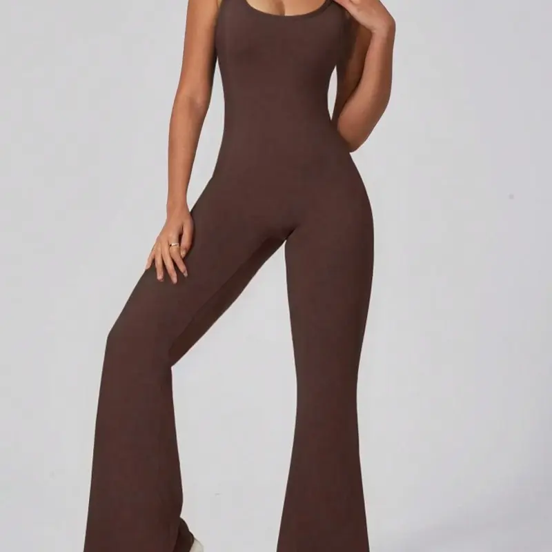 Women's Solid Ruched Flare Leg Sports Jumpsuit, Casual Comfy Scoop Neck Sleeveless Jumpsuit for Yoga Gym Workout, Ladies Sportswear for All Seasons, Athletic Style Activewear