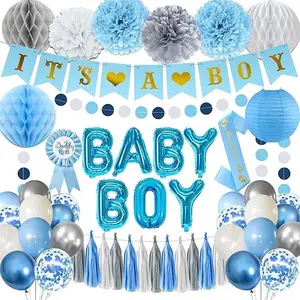 Blue Baby Shower Decorations for Boy Set with Banner Baby Boy Foil Balloons Mom Paper Pom Poms for Gender Reveal Decorations