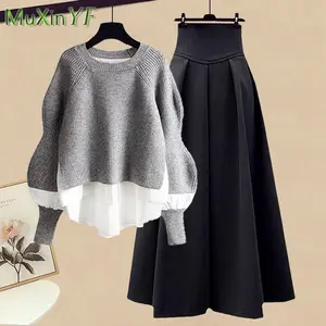 MuXinYF Women's Chic Pullover Skirt Set 2025 Autumn/Winter Korean Elegant Splice Fake Two Piece Knitted Sweater Dress Matching Set Casual Long Sleeve Fitted Above Ankle Womenswear Clothes
