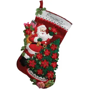 18-Inch Christmas Stocking Felt Applique Kit, Santa Poinsettia Tree
