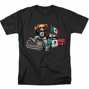 Mens Fashionable Crew Neck T-Shirt Comfortable Fit, Mexican Bear with Truck Tee  Perfect for Car Enthusiasts, Fabric Fathersdaygift Cotton Top Stretch Tshirt Tropical Casual Shortsleeve Crewneck