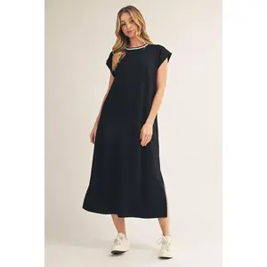Jodifl Short Cuff Sleeve Solid Midi Length T-Shirt Dress