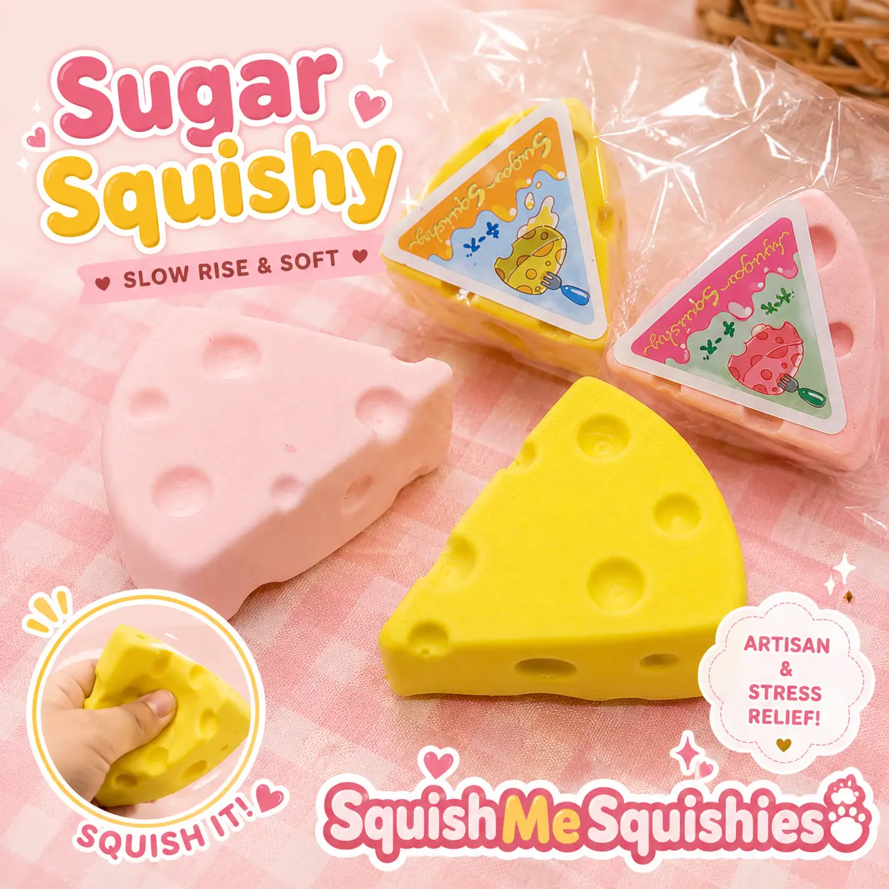 Artisan Sticky Cheese Slice Slow-Rise Squishy Satisfying Pink and Yellow adult fidget toy Sensory Play Food Squishies