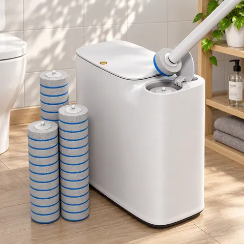 2-in-1 Disposable Toilet Brush System with Bathroom Trash Can, Replaceable Refill Heads, Extended Toilet Wand, Waterproof Slim Bin with Press Top Lid & Removable Inner Bucket