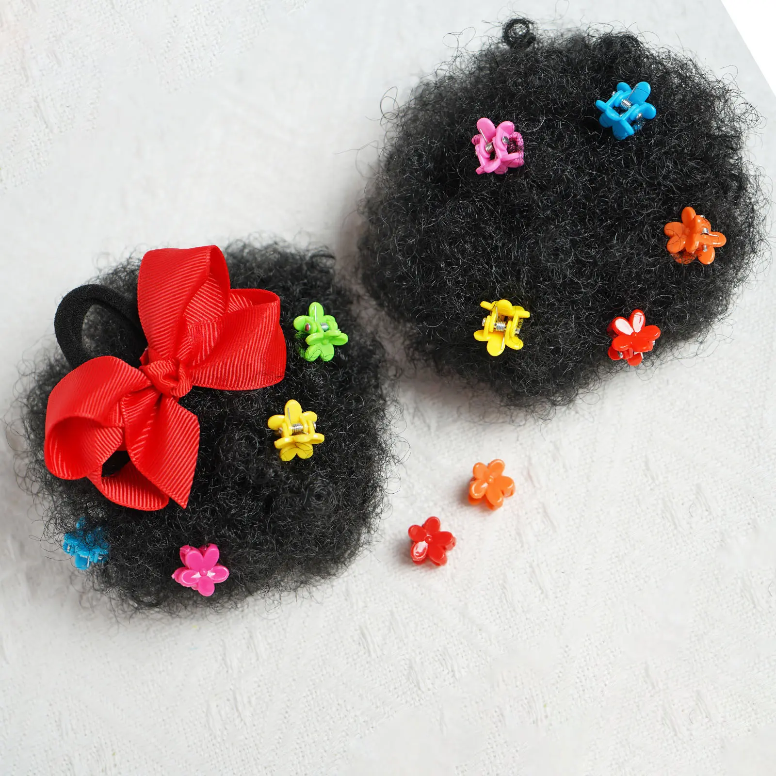 2pcs Afro Puff Ponytail Extension, Hair Bun Ponytails with Colorful Flower Clips - Handmade Kinky Curly Hair Extensions for Girls, Black Synthetic Hair Extensions, Perfect for Birthday Parties, Gifts, and Everyday Style, Hair Accessories Gifts for Girl,su