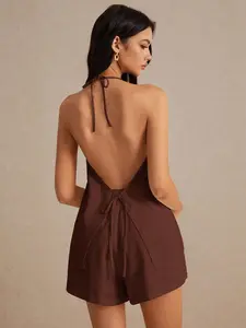 Laluz Boutique Women's Coffee Brown Linen 2-Piece Set - Halter Neck, Tie Front Vest, Backless, Sleeveless Shorts, Breathable, Old Money Style Women's Clothes for Night Out, Casual Summer Wear