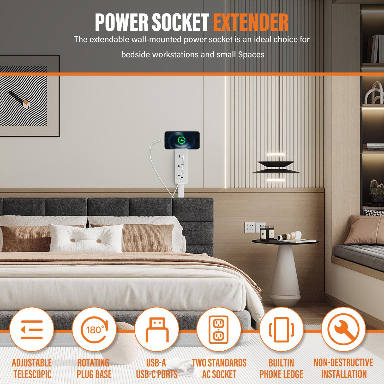 Electrical Outlet Extender Stick - Power Socket Expander, 180° Rotatable Outlet for Hard to Reach Areas, with USB-A, USB-C & 2 AC Outlets, Perfect for Behind Couches, Nightstands & Desks