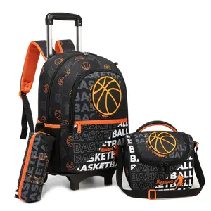 Basketball Rolling Backpack Set for Boys – 3 Piece Kids Rolling School Bag with Lunch Bag & Pencil Case – Sporty Basketball Print Backpack lover