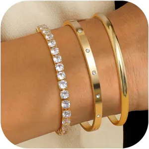 Sanfenly 3Pcs 14K Gold Plated Bracelet Set for Women, Adjustable Stackable Cuff Tennis Chain Bracelets, Fashion Gold Jewelry Gift