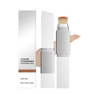 2-in-1 Color Changing Foundation Stick with Brush | Shade-Adapting Full Coverage Matte Foundation | Waterproof Pore Blurring Hydrating Makeup Base Cream-to-Powder Natural Flawless Finish Ivory White Concealer Stick Vegan