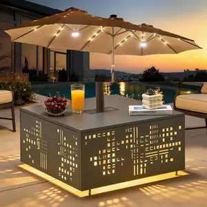 15FT Outdoor Patio Umbrella With LED Lights Table, Patio Tables with Umbrella Hole, 10 Hours Of Lighting, Large Patio Umbrella With Base & Crank Handle, Market Table Umbrella, Powerful UV Protective,  For Lawn Garden, Deck, Poolside