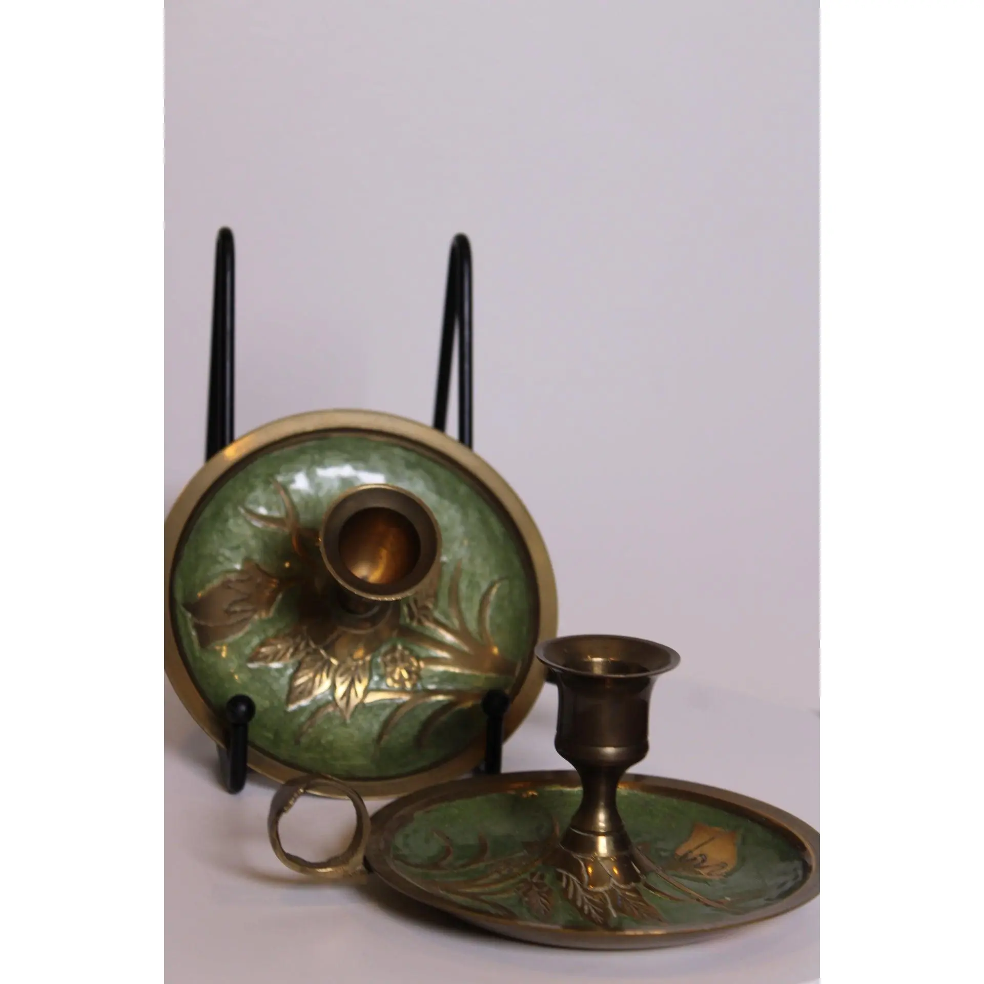 Pair of Green Brass Art Nouveau Candlesticks