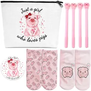 Pig Gifts for Pig Lover, Included Pig Makeup Bag with Zipper, Cute Pig Socks, Mini Round Mirror, Christmas, Thanksgiving, Birthday Pig Gifts for Women Girls