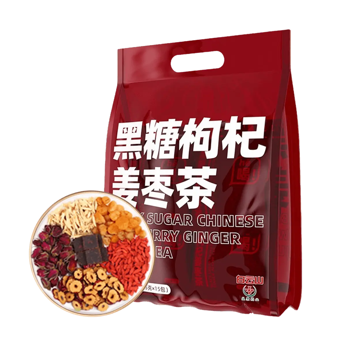 Black Sugar Ginger Tea with Goji Berry, Longan & Rose - 15 Bags, 15g Each | Warm & Nourishing Herbal Tea for Period Pain Relief, Cold Hands & Feet, Qi & Blood Boost