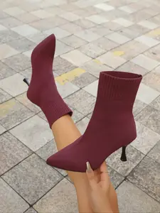 Women's Pointed Toe Stiletto Booties, Soft Comfortable Knit Mid-Calf Boots, All-Season Fashion Rubber Sole Shoes, Pointed Toes Boots, Heel Boots