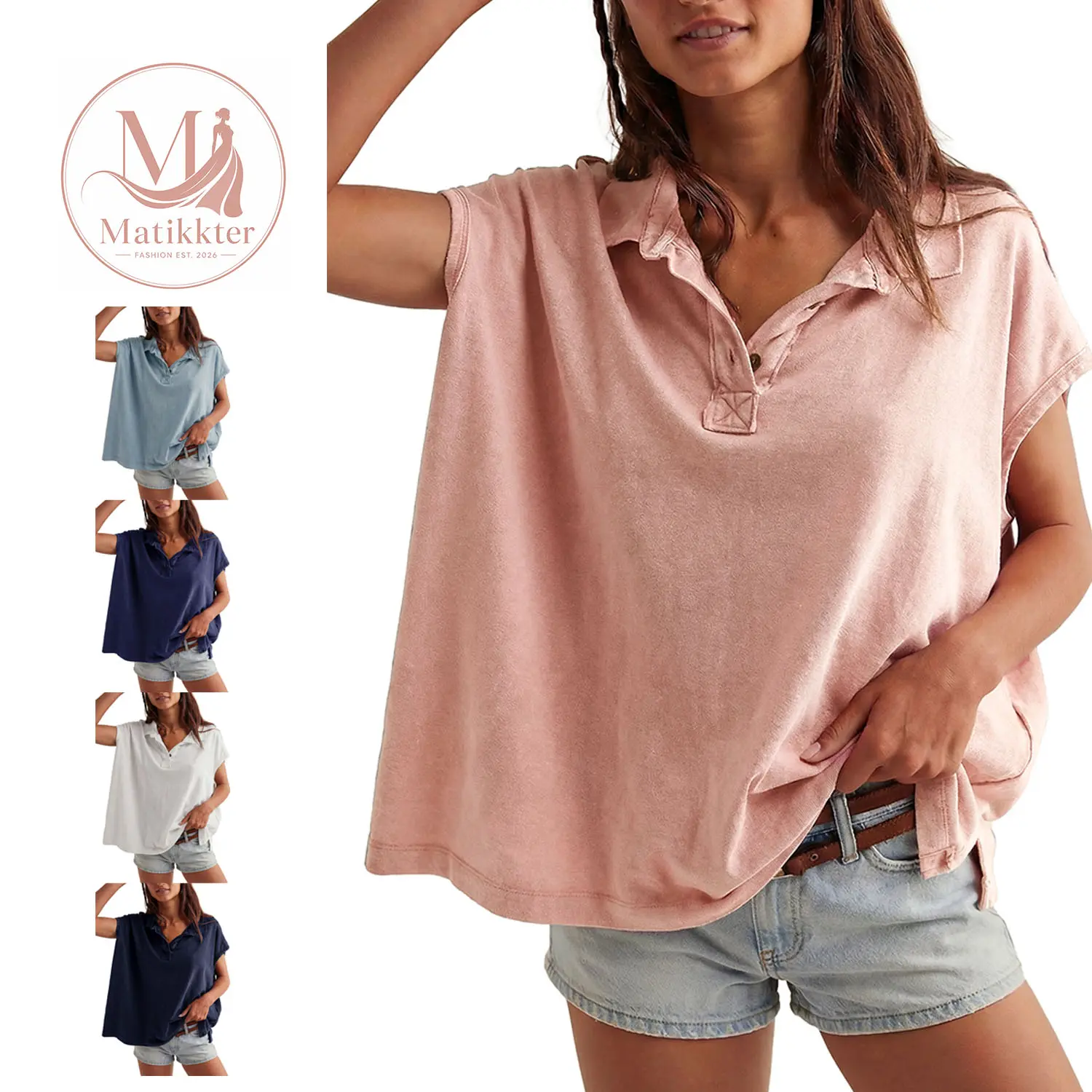 Matikkter Women's Preppy Lightweight Long Loose-Fitting Henley Shirt - Soft Cotton Oversized Cap Sleeve Collared V-Neck Button Top, Breathable Casual T-Shirt with Denim & Linen Accents for Outdoors, Relaxed Fit