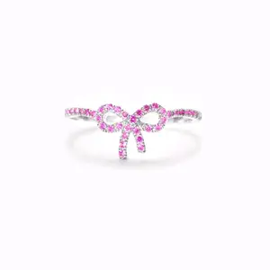 White Pink Bow Ring S925 Sterling Silver Tie Knot Pink Bow Ring Trendy Delicate Ribbon Bow Zircon for Women