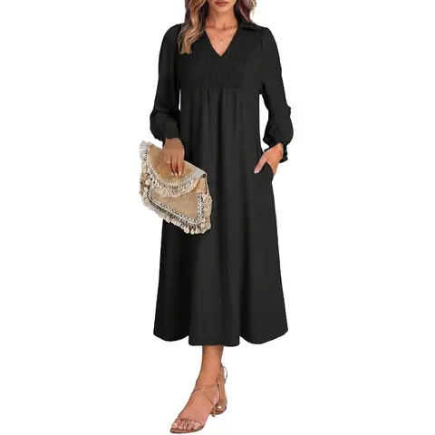 Dokotoo Womens Dresses 2026 Casual Dress V Neck Puff Long Sleeve Empire Waist A-Line Maxi Dress