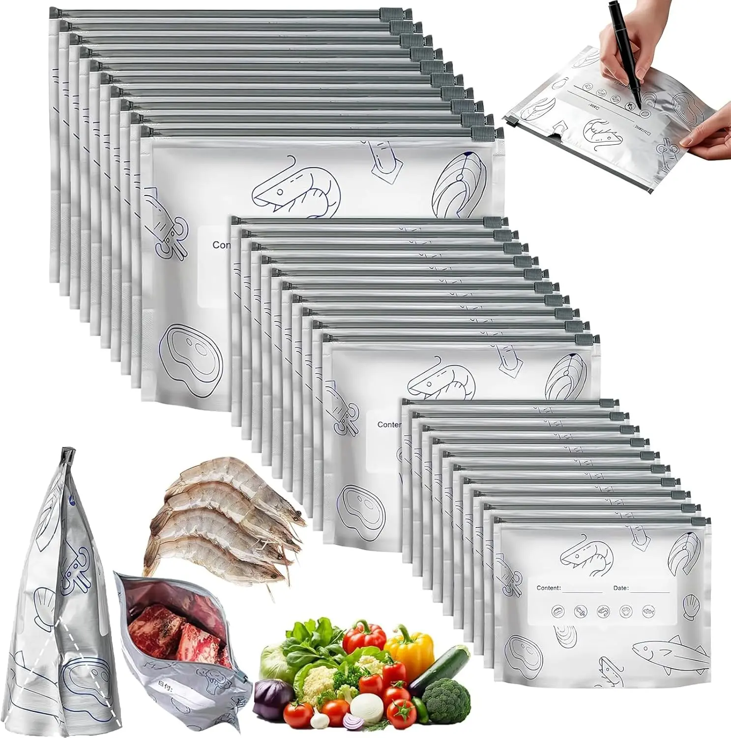 3-Size Kitchen Reusable Aluminum Foil Food Storage Bags & Wooden-Lidded Glass Sugar Jars Canister Set - 30 Pieces Leak-Proof Stand-Up Zipper Bags with Labels, Airtight Covers, Freezing-Safe, Washable Insulated Containers for Freshness, Not Microwave-Safe,