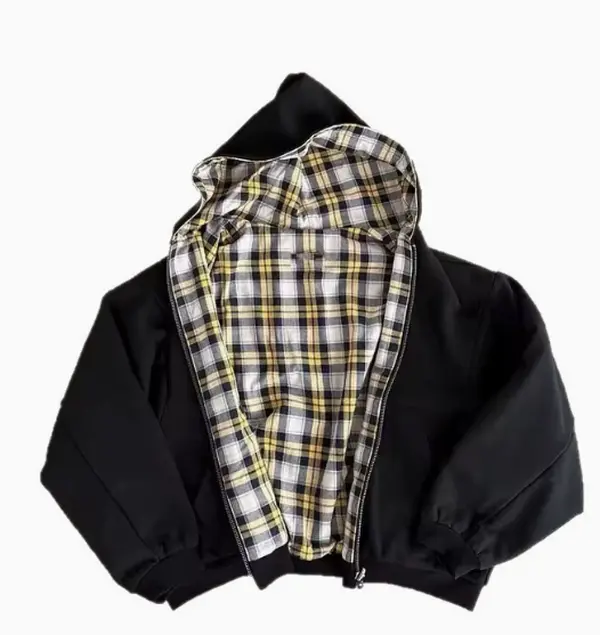 Men's Retro Checked Fabric Casual Comfy Coat - Soft Longsleeve, 2-Sided Black Plaid Lined Zip-Up Cropped Hooded Jacket with Zip Detail, Relaxed Look Classic Bomber for Daily Wear Menswear Tops